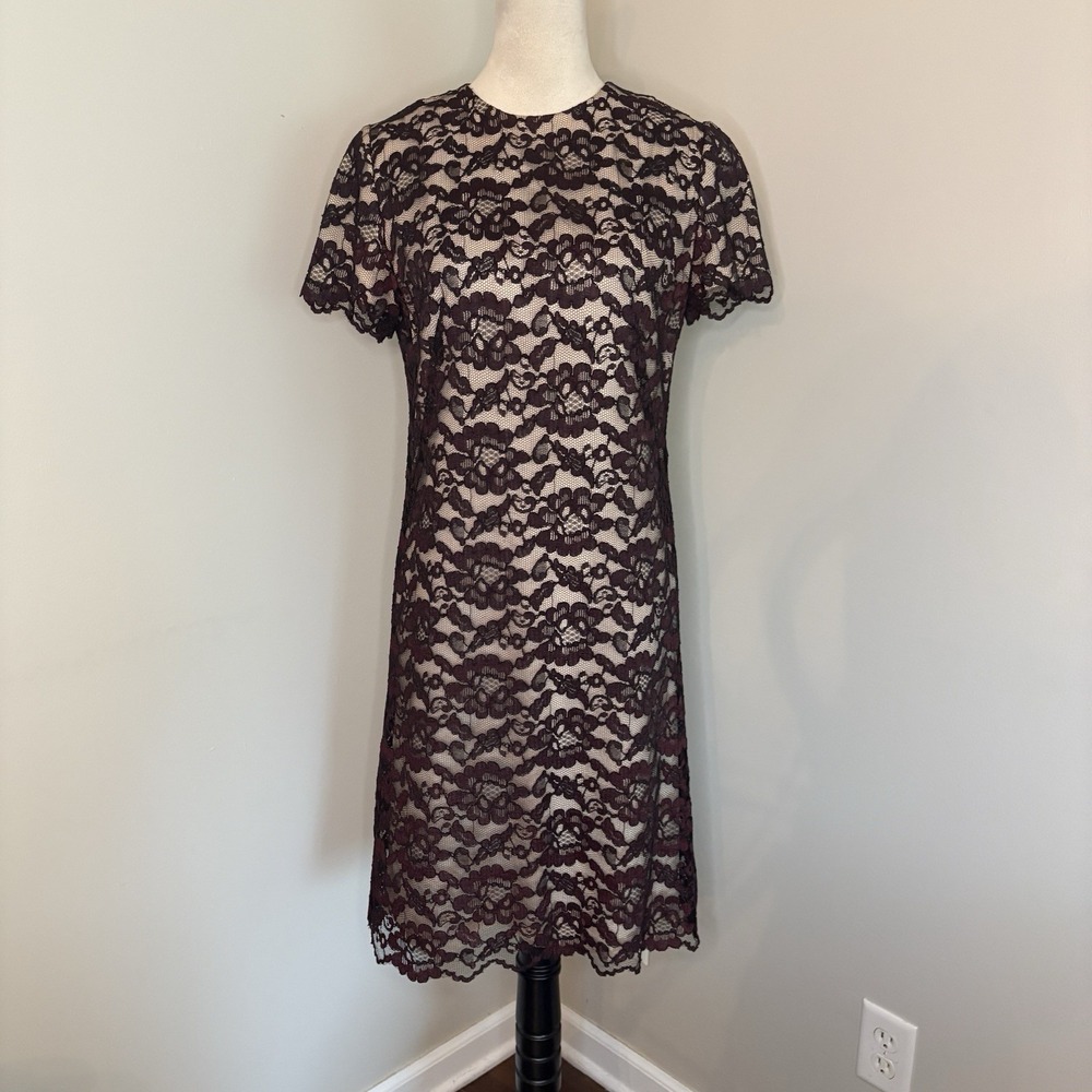 VTG Dauphine by L'Aiglon 50s Burgundy Lace Sheath Shift Dress Mod Nude Small